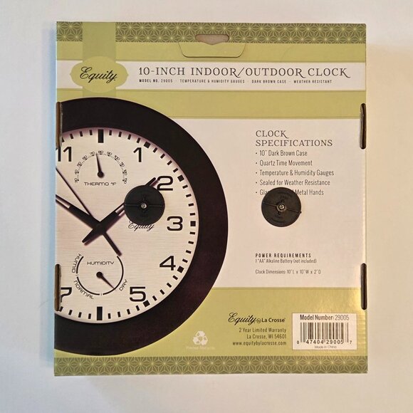 NWT Equity 10-Inch Indoor/Outdoor Wall Clock, Dark Brown, Temperature, Humidity - Picture 2 of 3